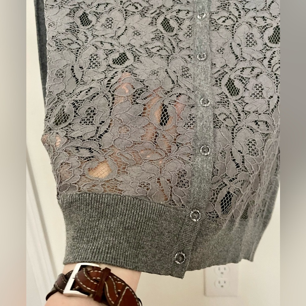 LOFT Gray Lace Cotton/Nylon Stretch Women's Light Sweater - Picture 3 of 15
